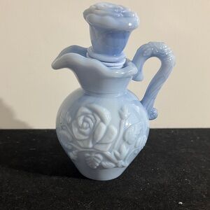 vintage Avon Victoriana blue milk glass pitcher with a stopper. 1978